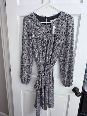 LOFT Black and White Floral Long Sleeve Tie-Waist Dress